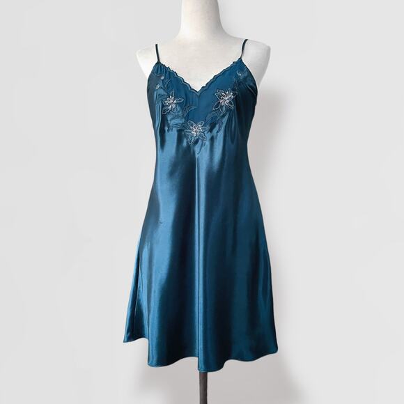 Vintage Embroidered Slip Mini Dress Sz L Satin Teal Emerald Green 90s Festival - Picture 2 of 8